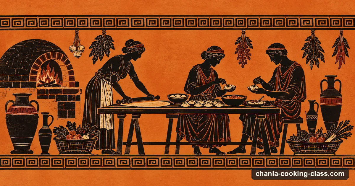 Illustration in the style of a Greek black-figure vase: a cook and two guests making small pastries beside a clay oven