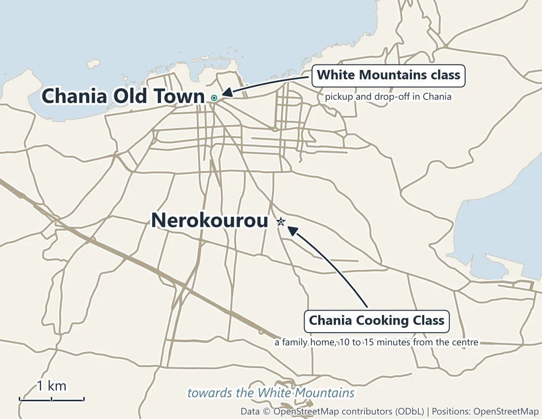 Map of Chania and Nerokourou marking the Chania Cooking Class family home and the White Mountains class pickup in Chania