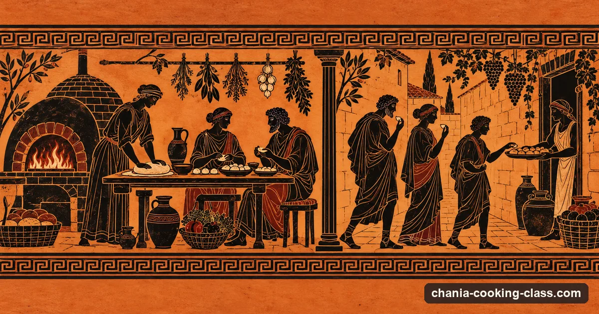Illustration in the style of a Greek black-figure vase: a cooking lesson on one side, walkers tasting from a tray on the other