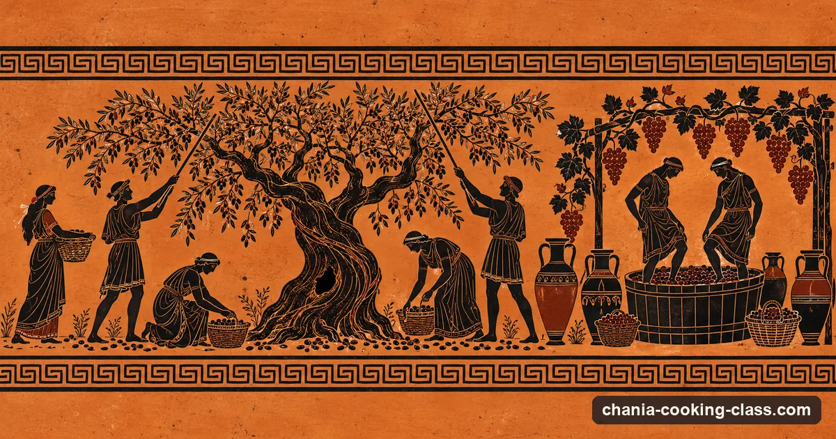 Illustration in the style of a Greek black-figure vase: an olive harvest around a huge gnarled tree and grapes trodden in a vat