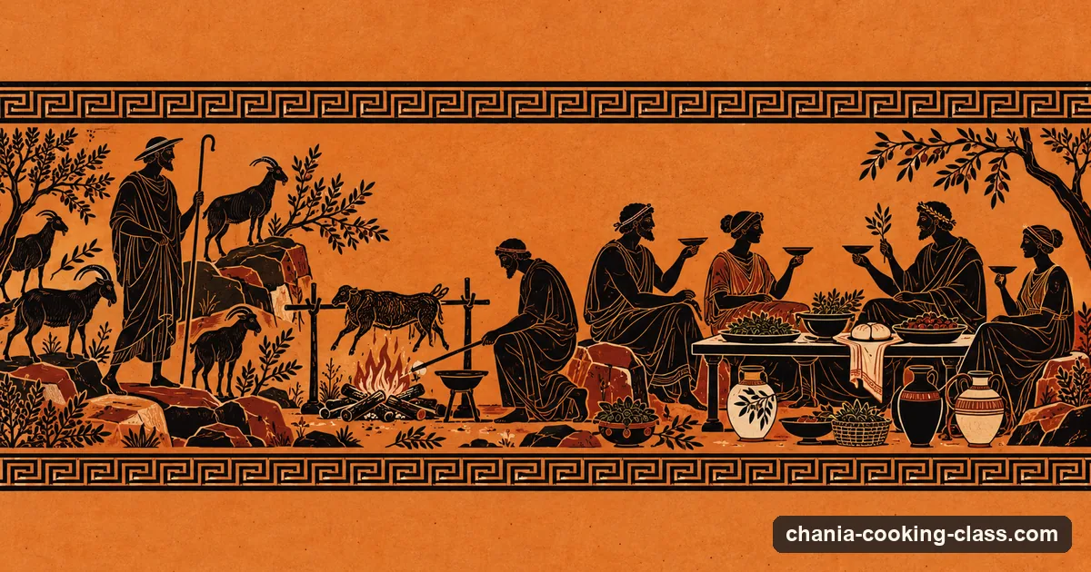 Illustration in the style of a Greek black-figure vase: a shepherd with goats, lamb roasting by a fire and guests at a table of greens and bread