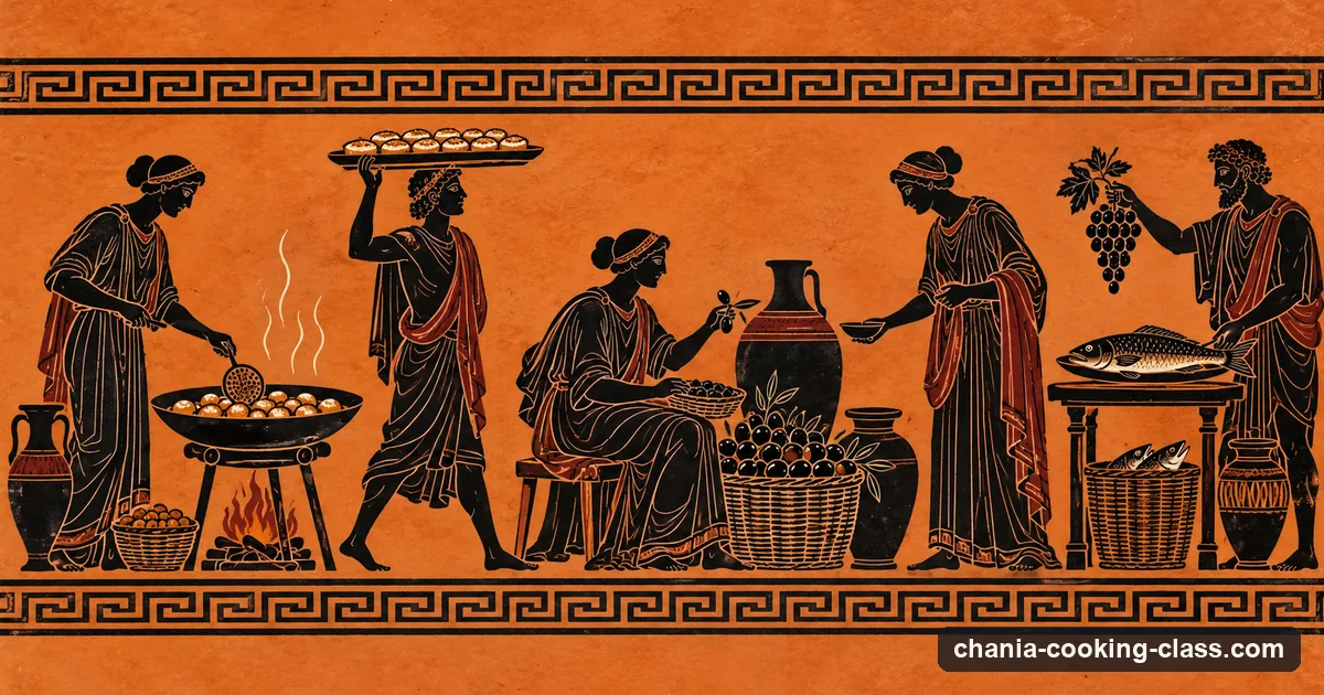 Illustration in the style of a Greek black-figure vase: a frieze of street-food sellers frying dough balls and carrying cheese pies